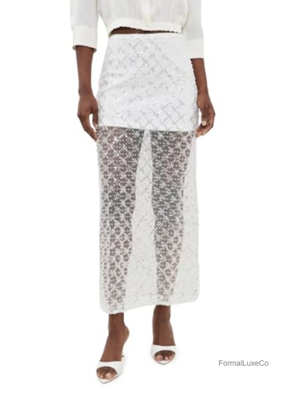 Embellished Mesh Maxi Skirt Sequin Pearl Party Wear to Work